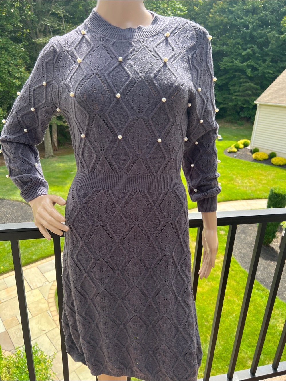 Source Unknown Blue/Gray Pearl-Embellished Cable Knit Sweater Dress